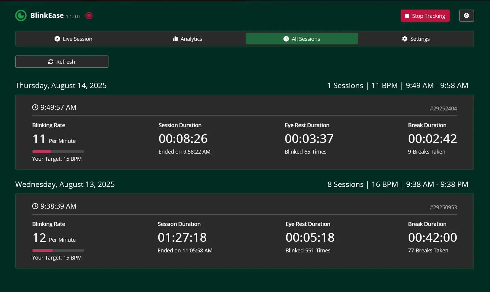 All Sessions screenshot