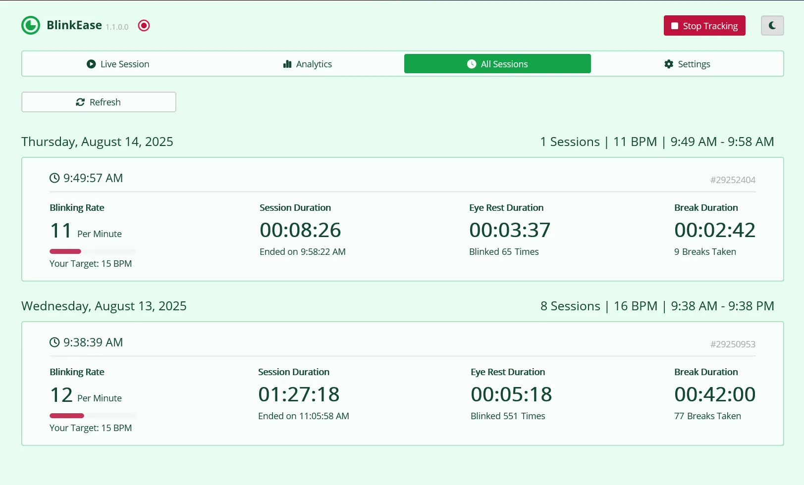 All Sessions screenshot